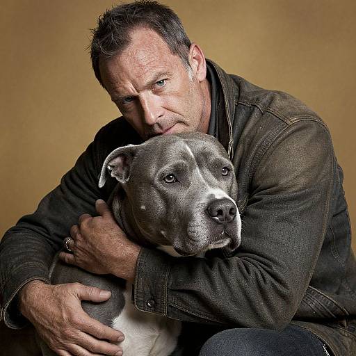 Middle-aged man with short, dark hair, hugging a gray and white pit bull against a beige background, wearing a dark brown jacket. Photoreal