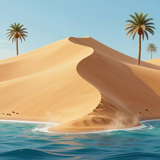 Photorealistic CGI of a sandy desert dune with swirling sand being washed by blue ocean waves, two palm trees in the background under a clear blue