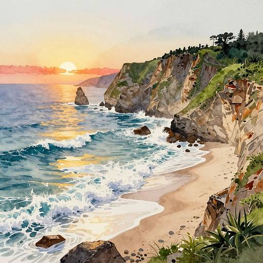 Sunset Coastal Cliffs Watercolor Scene