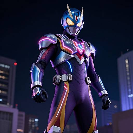 CGI image of a futuristic superhero in a neon-lit city at night, wearing a sleek, armored suit with glowing blue, pink, and yellow