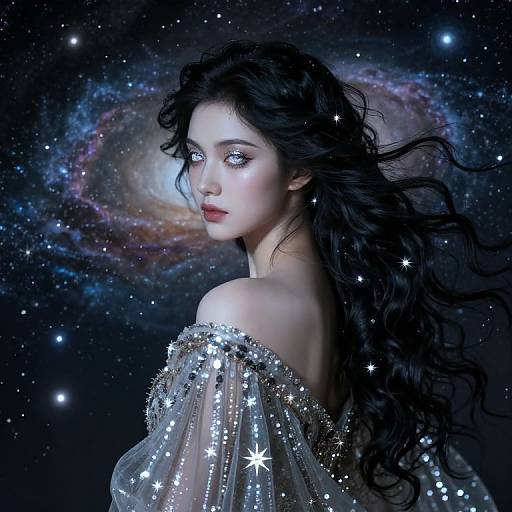 Digital artwork of a fair-skinned, ethereal woman with long, wavy black hair, wearing a sparkly, off-shoulder gown,