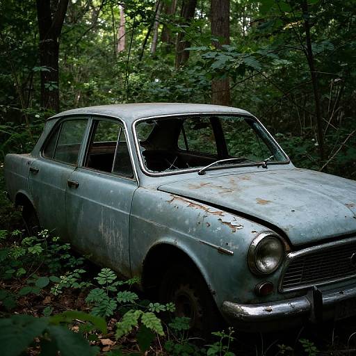 Photograph of a weathered, blue vintage car with rust spots, partially overgrown by lush green forest foliage, surrounded by tall trees.
