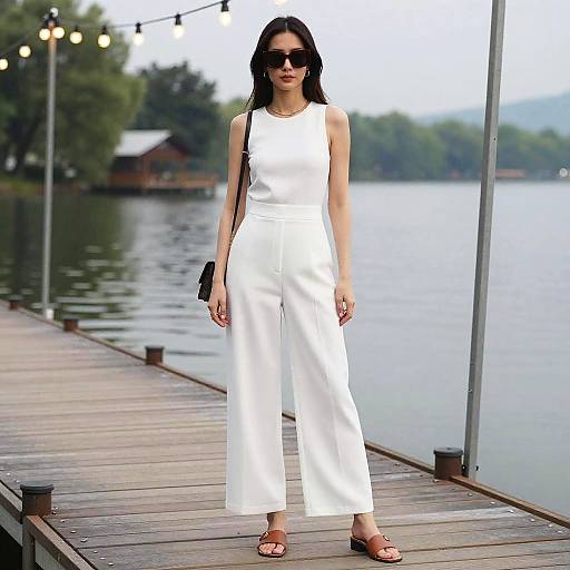 Chic Slim Woman by Lakeside Dock