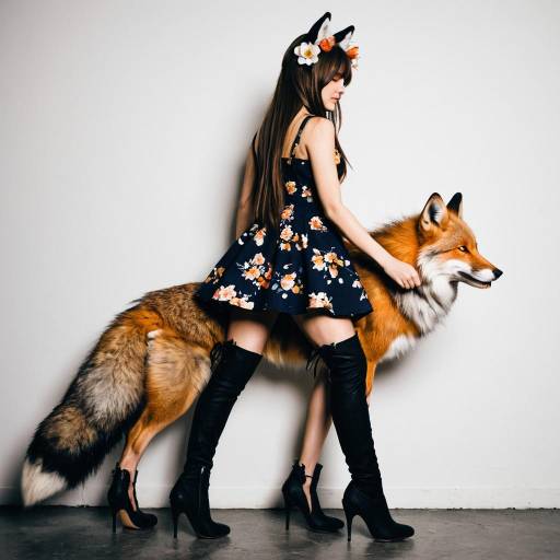 Woman in Floral Dress with Fox and Wolf Ears and Tail