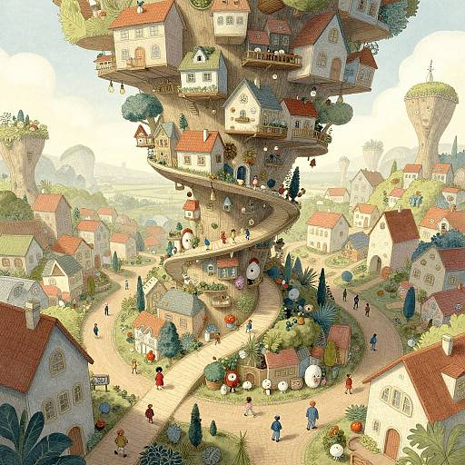 Whimsical digital illustration of a spiral tree village with colorful houses, winding stairs, and diverse people, set in a sunlit, picturesque countryside.
