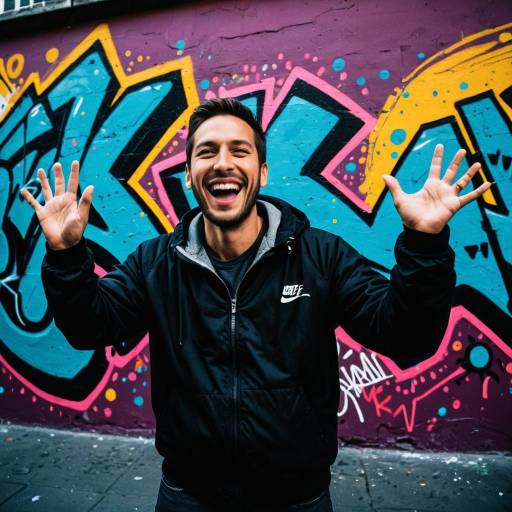 Joyful Street Performer with Graffiti Background