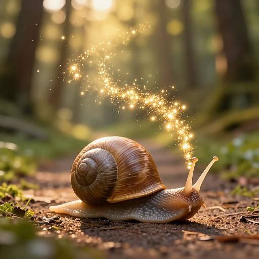 Photograph of a brown snail with a spiraled shell emitting magical golden sparkles on a forest path, sunlight filtering through trees in the background.