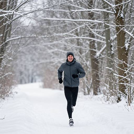 Photograph of a smiling man jogging through a snowy forest path, wearing a dark gray jacket, black pants, gloves, and a beanie.