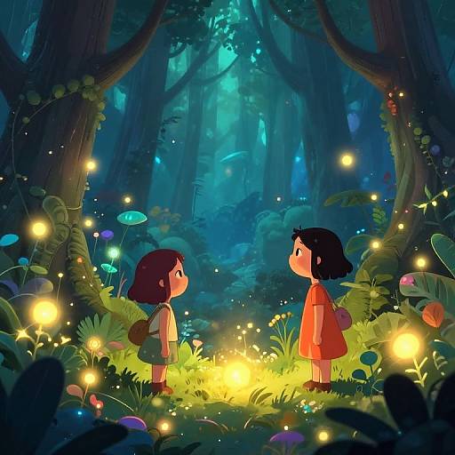 Cartoon Girls Exploring Enchanting Forest