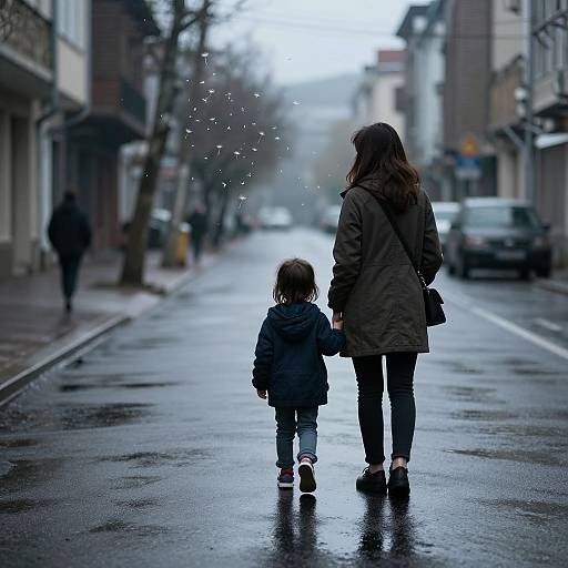 Photograph of a woman and child walking hand-in-hand down a wet, empty street on a rainy day, with blurred background.