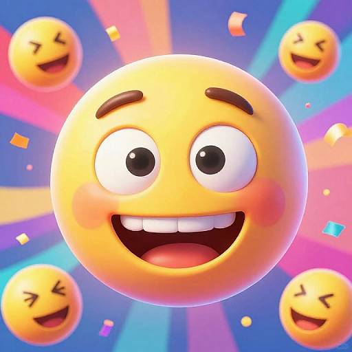 Digital illustration of a cheerful, yellow emoji with wide eyes and open mouth, surrounded by five smaller, laughing emojis on a colorful, radial background with conf