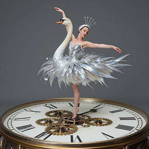 Photograph of a ballerina in a silver, feathered dress standing on a large clock face, with a white swan headpiece.