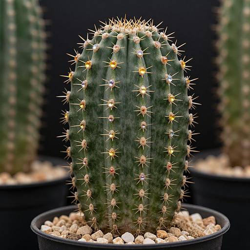 Photograph of a vibrant, green, spherical cactus with yellow and white spines, surrounded by a black pot filled with beige pebbles,
