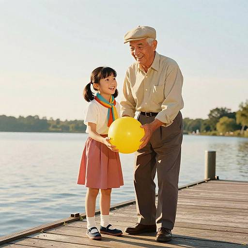 Photograph of an elderly man and young girl standing on a wooden dock by a lake, smiling and holding a yellow balloon.