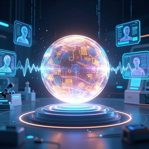 Neon-lit, glowing globe with circuit patterns in the center, surrounded by holographic portraits and a blue waveform on a futuristic, dark room.