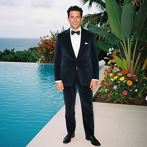 Photograph of a smiling man in a black tuxedo with a bow tie, standing by a tropical poolside with vibrant flowers and palm trees.