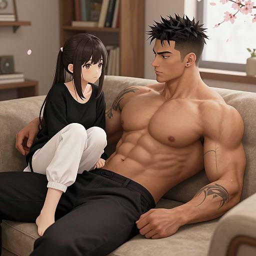 Anime-style digital artwork of a muscular, shirtless, tattooed man with spiked black hair and a serious expression, sitting on a couch with a long