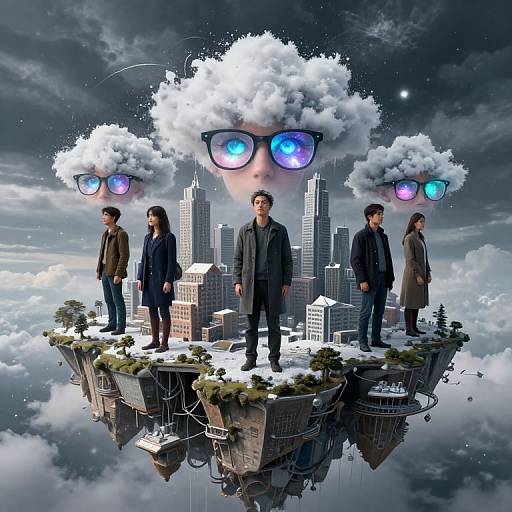 Digital artwork: Five Asian men in black suits standing on a floating, cloud-like cityscape, with surreal, oversized cloud eyes above.