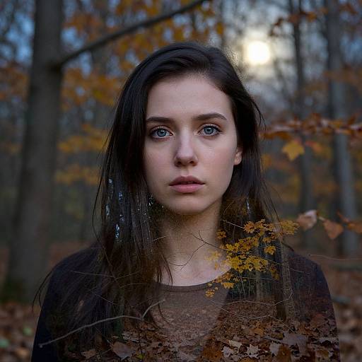 Photograph of a young woman with blue eyes, pale skin, and dark brown hair, standing in a forest during autumn. She wears a brown shirt