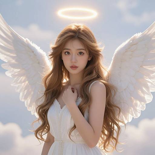 Digital artwork of a beautiful young angel with long, wavy brown hair, white wings, and a white dress, set against a bright, glowing background