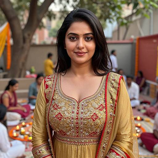 Photograph of a smiling Indian woman with long black hair, wearing an ornate gold and red traditional salwar kameez, standing in a vibrant