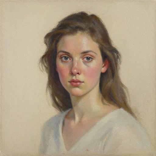 Realistic oil painting of a young woman with fair skin, brown wavy hair, pink cheeks, and blue eyes, wearing a white shirt.