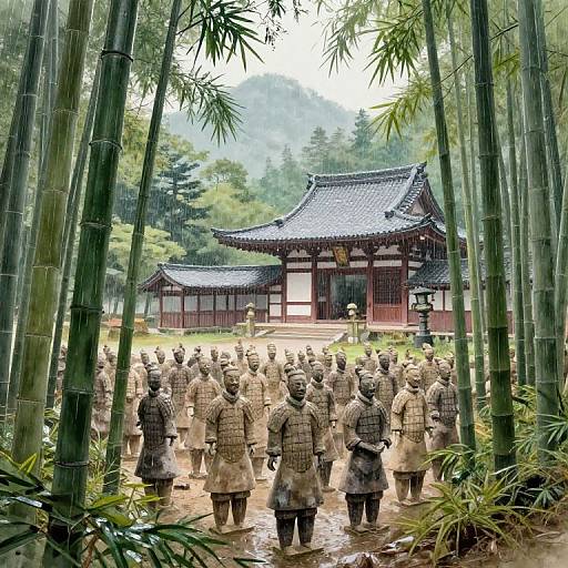 Photograph of a traditional East Asian temple surrounded by tall bamboo trees, with a group of stone soldiers in ancient armor standing in a rain-soaked courtyard