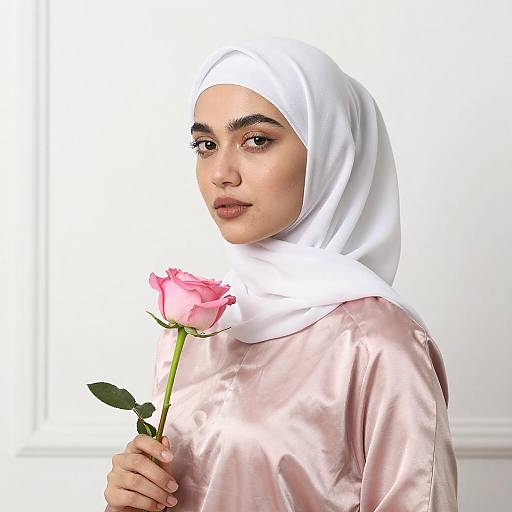 Young Woman in White Hijab with Rose