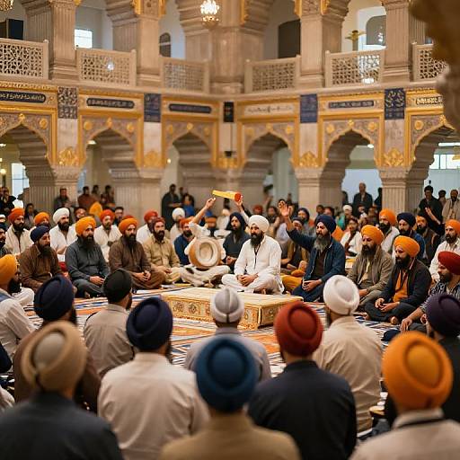 Photograph of a diverse group of men in traditional Sikh attire, orange turbans, seated in a ornately decorated, multi-arched mosque.