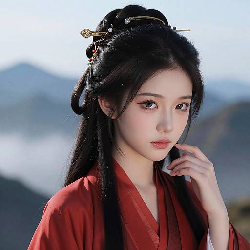 Photograph of an East Asian woman with long black hair, wearing a red kimono, adorned with a hairpin, against a mountainous background.