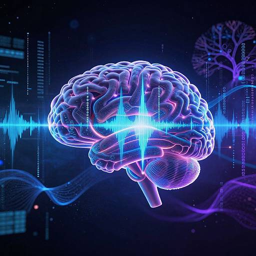 Digital CGI of a glowing, neon-blue and purple human brain with vibrant light waves and bio-signal lines in the background.