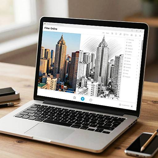 Photograph of a silver laptop on a wooden table, displaying a split-screen cityscape: colorful skyscrapers on the left, black-and-white line