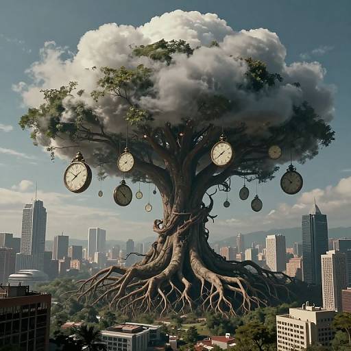 Photorealistic CGI of a giant tree with massive roots and clocks hanging from branches, set against a modern city skyline.