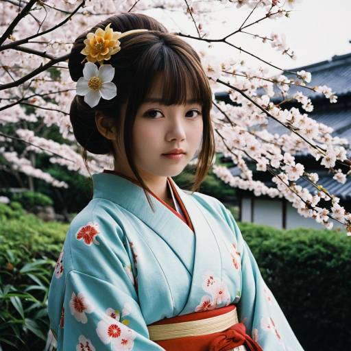 Young Woman in Traditional Kimono with Cherry Blossoms