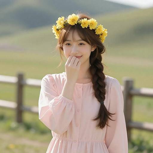 Joyful Woman in Floral Crown on Hillside
