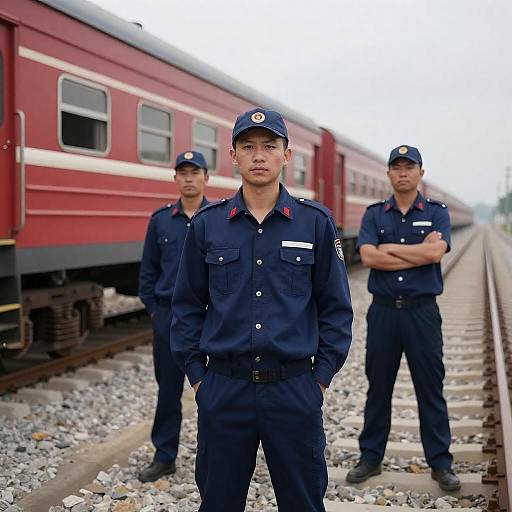 Three Men on Railway Tracks Photo
