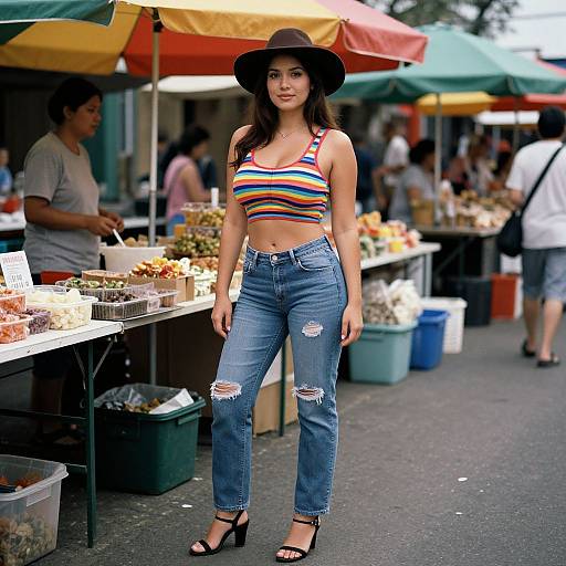 Photograph of a young woman with medium skin tone, wearing a rainbow striped crop top, black wide-brim hat, ripped blue jeans, and black