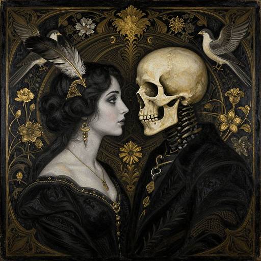 Digital artwork of a pale-skinned woman with dark hair and gold earrings, facing a yellow skull with birds and flowers in ornate, dark background.