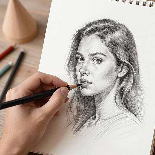 Hand drawing realistic black-and-white portrait of a woman with long hair, detailed eyes, and soft features, using a pencil. Hand holding pencil in foreground