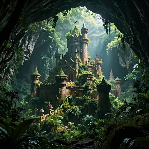 Fantasy CGI image of a lush, moss-covered medieval castle seen through a dark cave entrance, bathed in sunlight and surrounded by dense, vibrant jungle