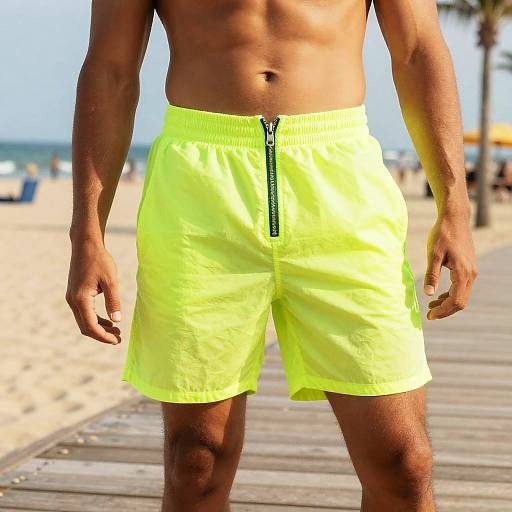 Photograph of a muscular, tan-skinned man in bright neon yellow swim trunks standing on a sunny beach boardwalk with a blurred background.