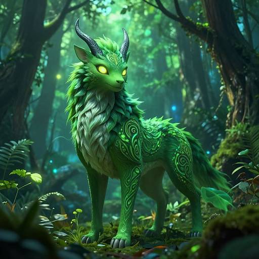 Digital artwork of a glowing, green, mythical wolf with intricate patterns, sharp horns, and bright yellow eyes in a lush, enchanted forest.