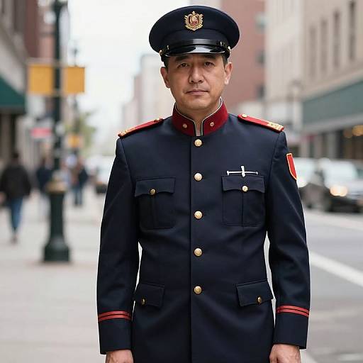 Photograph of a stern-faced male police officer in a dark blue uniform with red trim, standing on a city street.