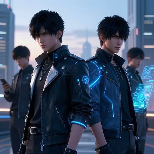 CGI image of three young Asian men in futuristic black leather jackets with glowing blue circuits, standing in a neon-lit, cyberpunk cityscape.