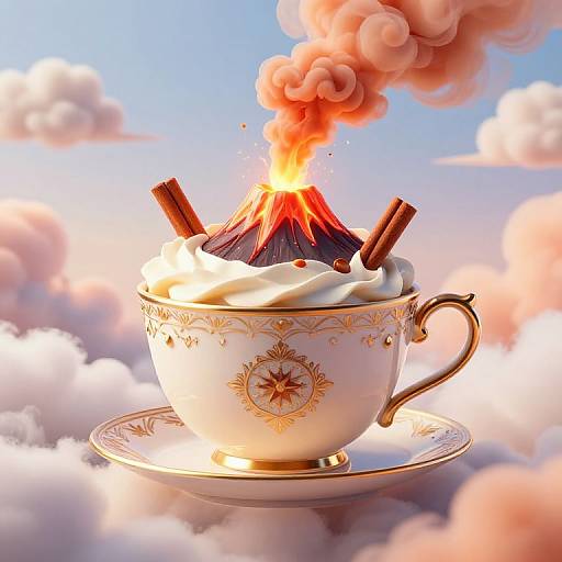 Surreal Floating Teacup Volcano Scene
