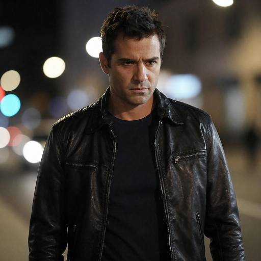 Serious Man in Black Leather Jacket at Night
