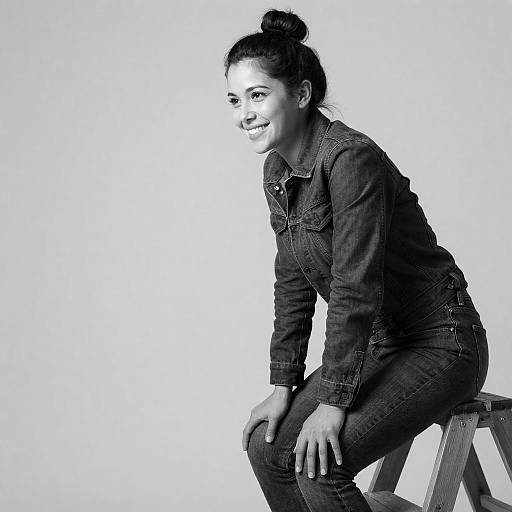 Smiling Woman on Ladder in B&W