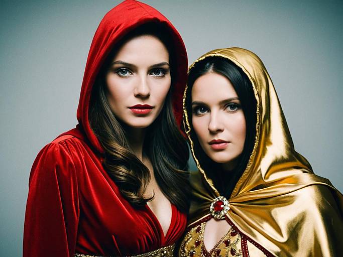 Photorealistic image of two women in vibrant red and gold hooded robes, with intense blue eyes, against a gradient blue background.