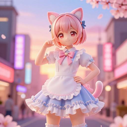 Digital anime-style artwork of a pink-haired, cat-eared girl in a blue maid outfit with frills, standing confidently in a neon-lit,