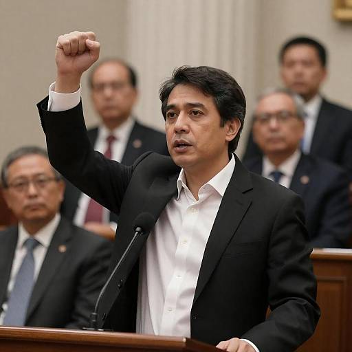 Male Politician Raising Fist at Podium